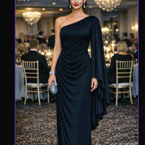 Club L London Black One‑Shoulder Ruched Gown • Floor Length Luxe Gala